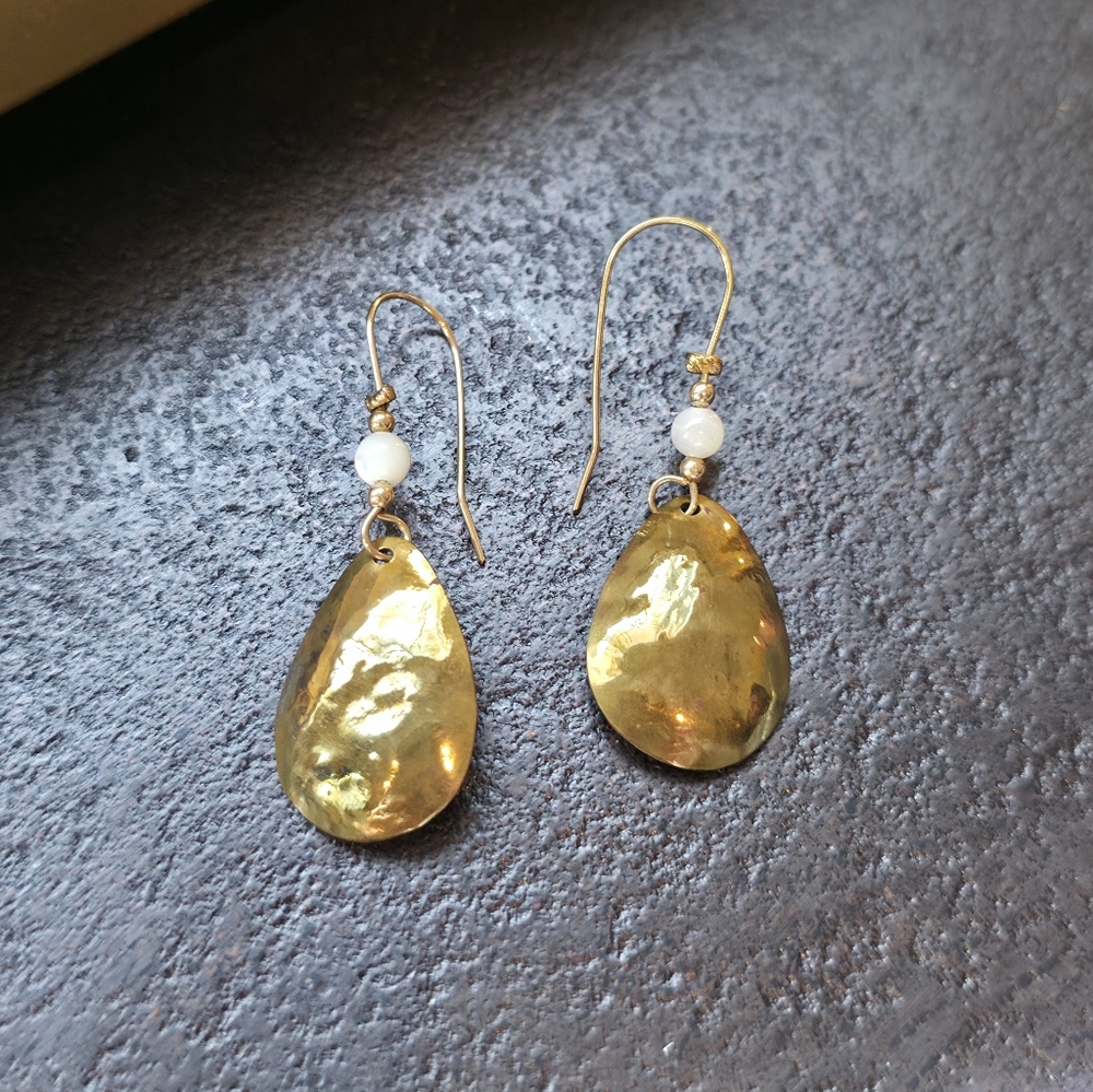 Hammered Brass Teardrop Dangle Earrings